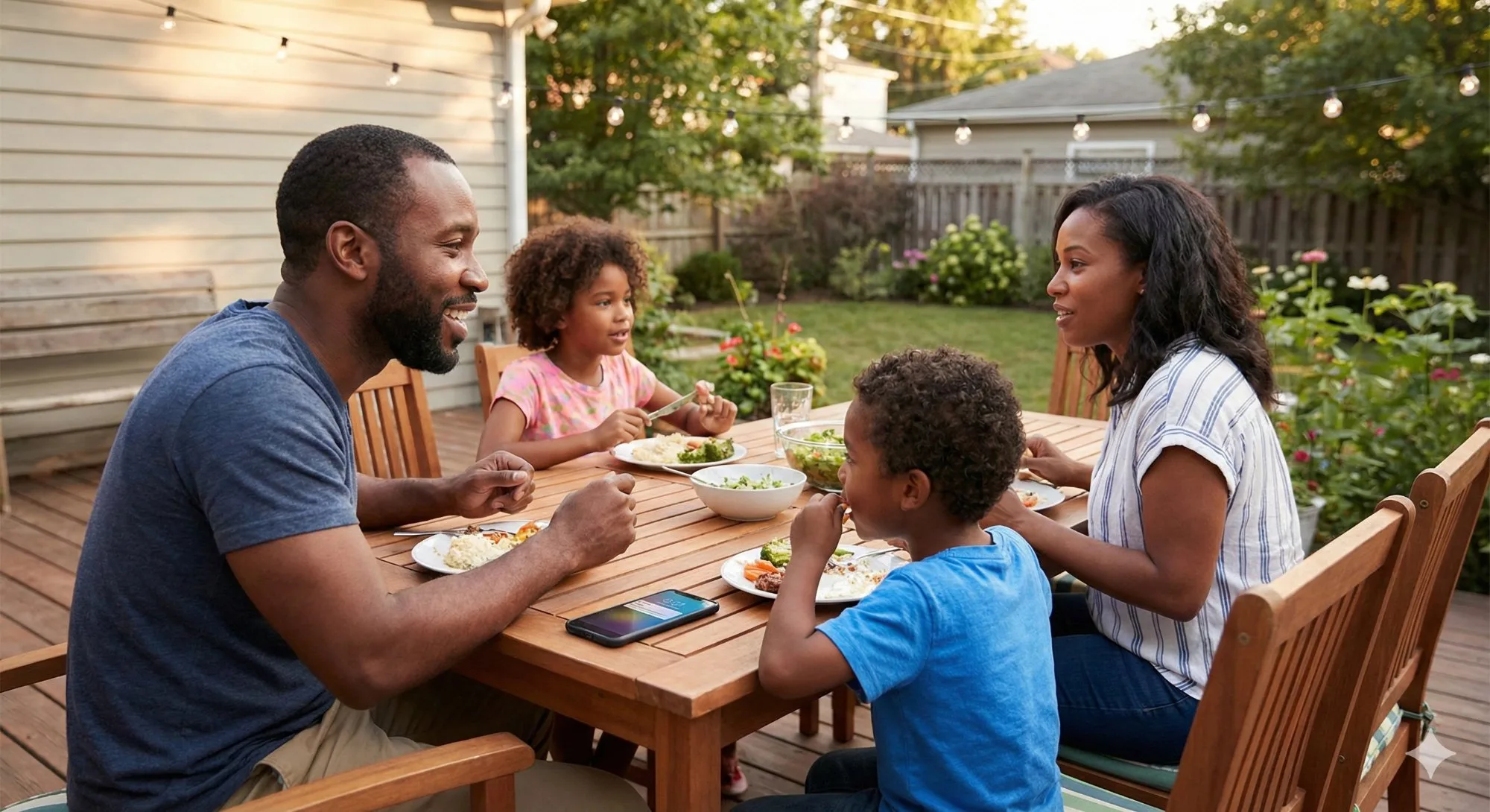 Family at backyard dinner with phone on table